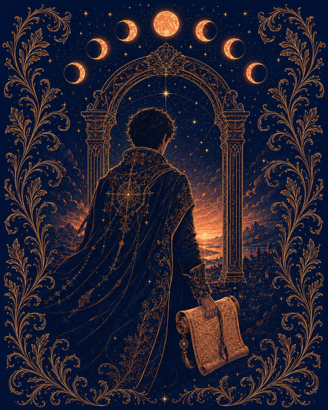 Une figure drapée d'un manteau constellé, dos tourné, contemplant les phases de la lune au-dessus d'une arche céleste, un parchemin oraculaire à la main.